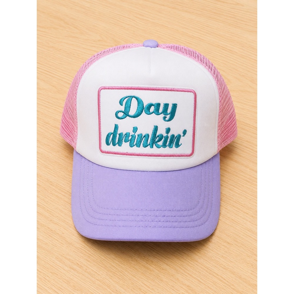 NEW Day Drinkin' Trucker Hat Pink Mesh Snapback Cap Embroidered Patch Adjustable